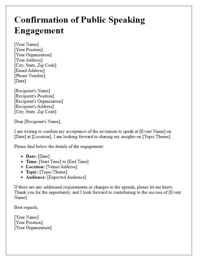 Letter template of confirmation for public speaking engagement