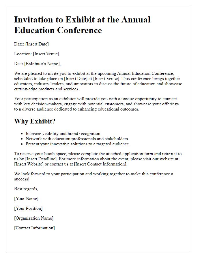 Letter template of invitation for exhibitors at an education conference