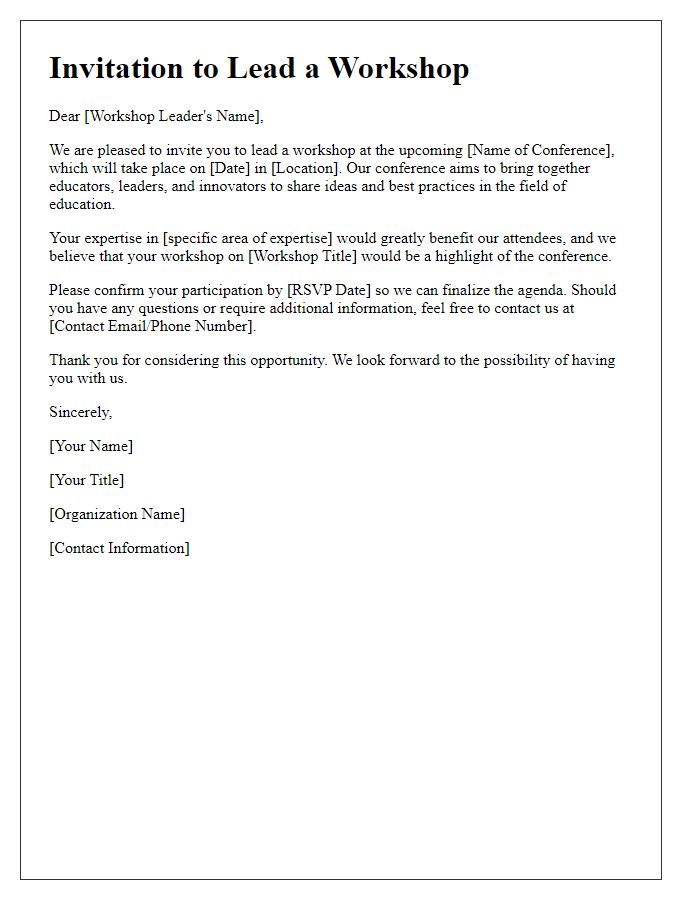 Letter template of invitation for workshop leaders at an education conference