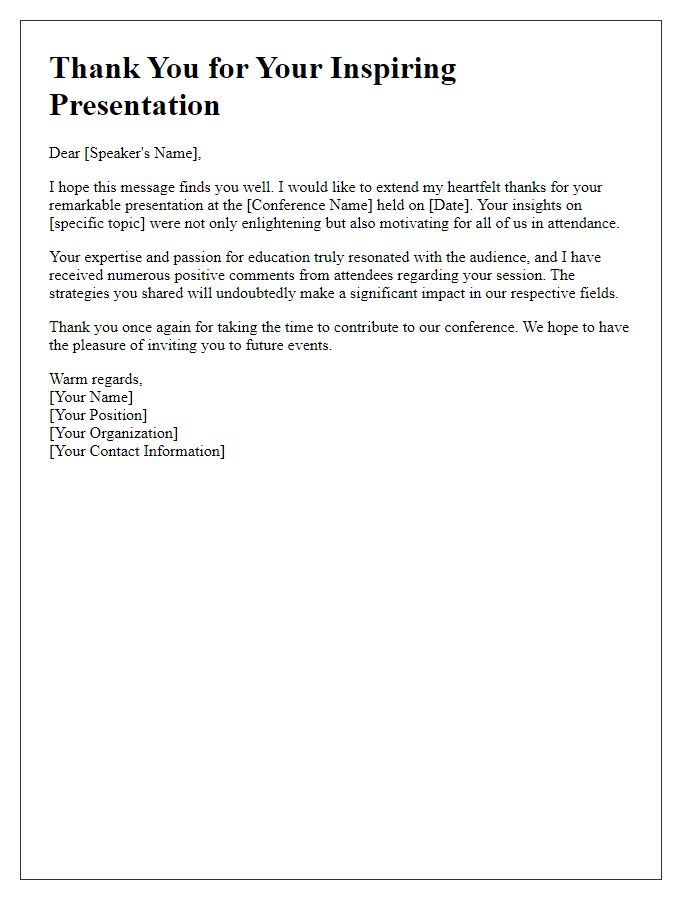 Letter template of thank you note to education conference speakers