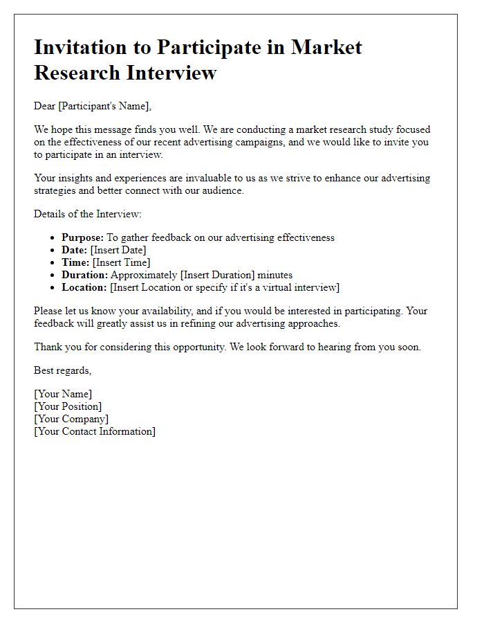 Letter template of market research interview invitation for advertising effectiveness review