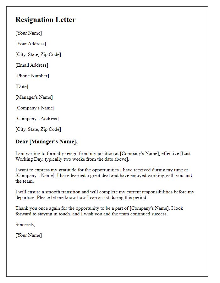 Letter template of professional job resignation