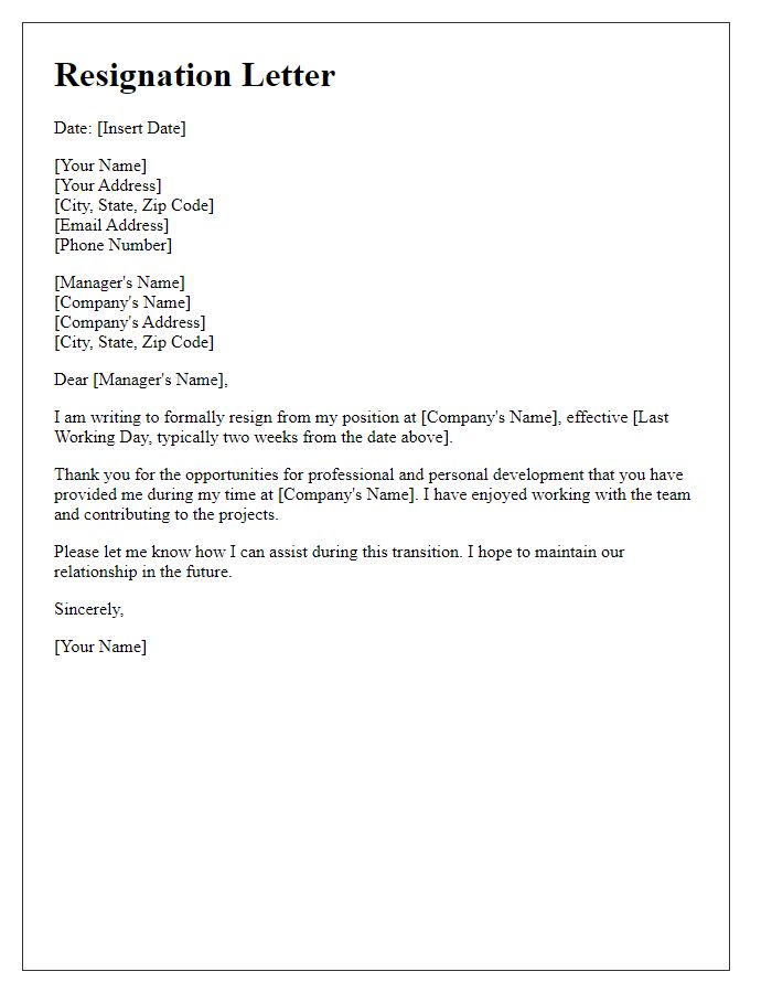 Letter template of straightforward job resignation