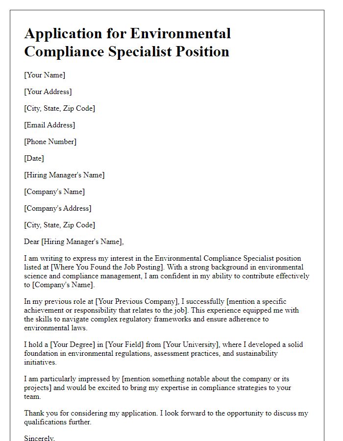 Letter template of application for environmental compliance specialist job