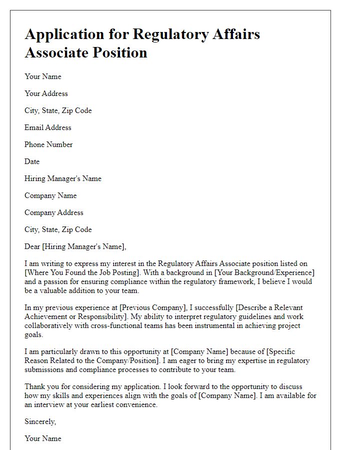 Letter template of application for regulatory affairs associate role