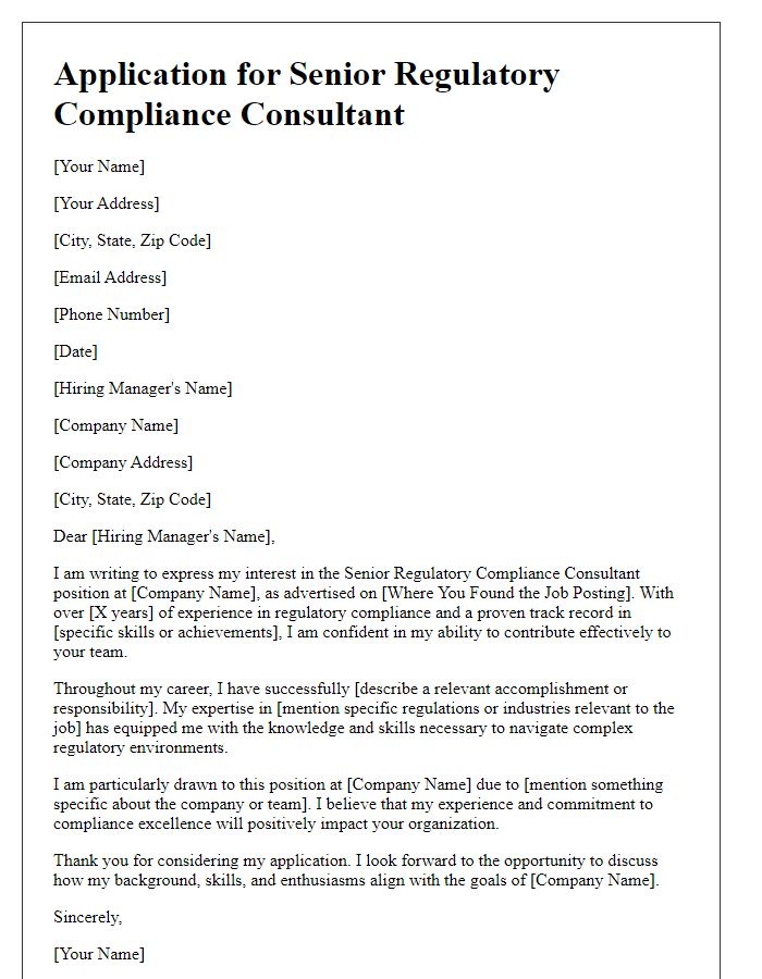 Letter template of application for senior regulatory compliance consultant