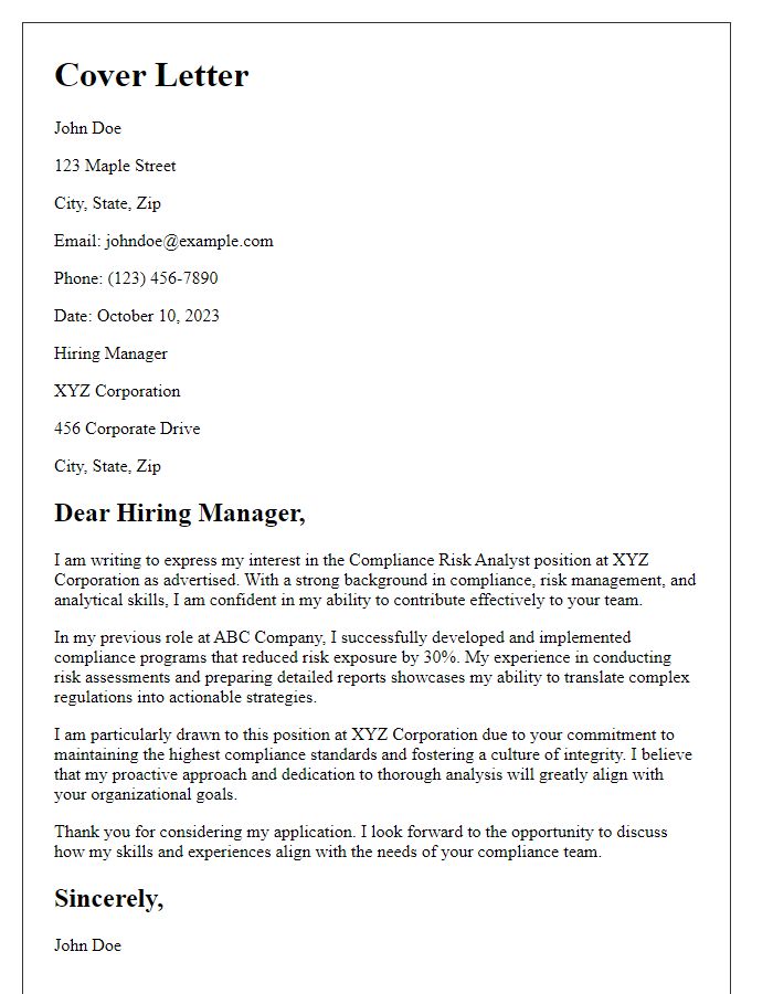 Letter template of cover letter for compliance risk analyst position