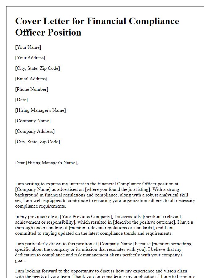 Letter template of cover letter for financial compliance officer position