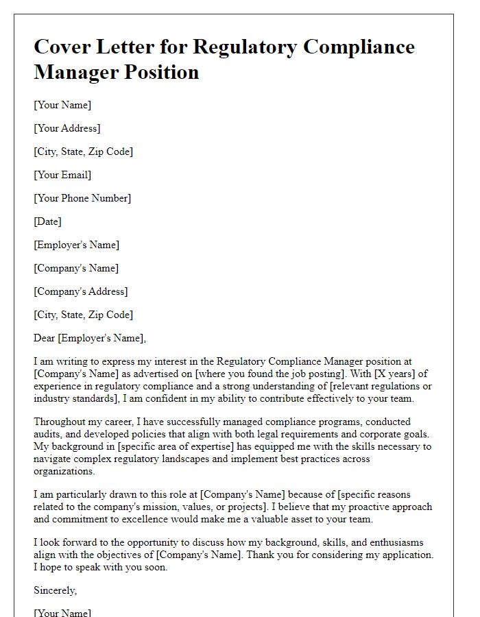 Letter template of interest in regulatory compliance manager position