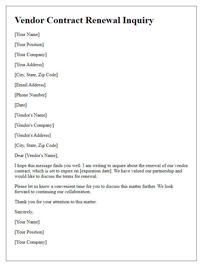 Letter template of formal vendor contract renewal inquiry