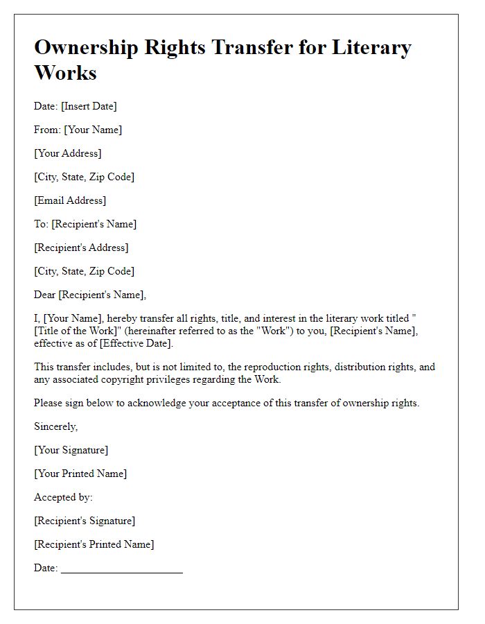 Letter template of Ownership Rights Transfer for Literary Works