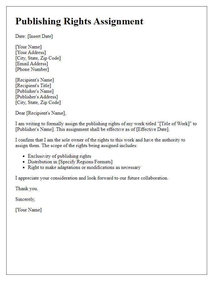 Letter template of Publishing Rights Assignment