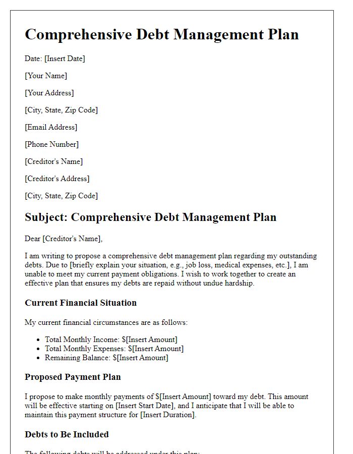 Letter template of comprehensive debt management plan