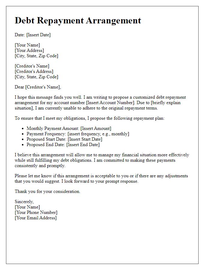 Letter template of customized debt repayment arrangement