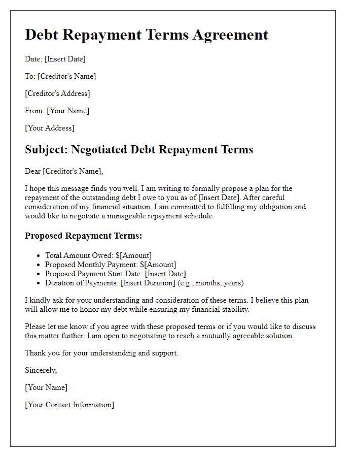 Letter template of negotiated debt repayment terms