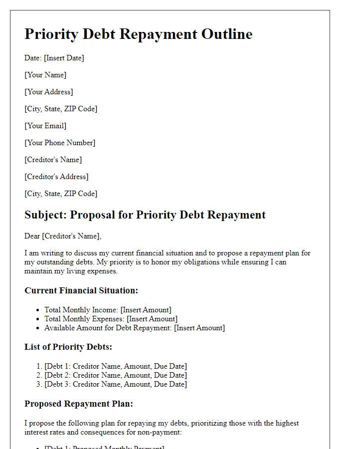 Letter template of priority debt repayment outline