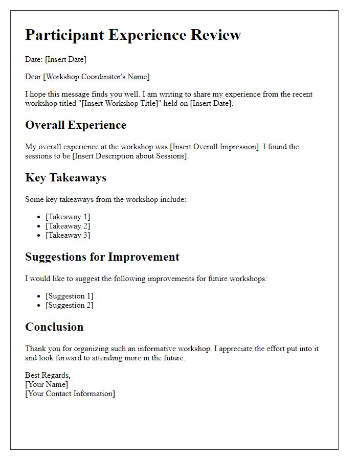 Letter template of participant experience review from the workshop.