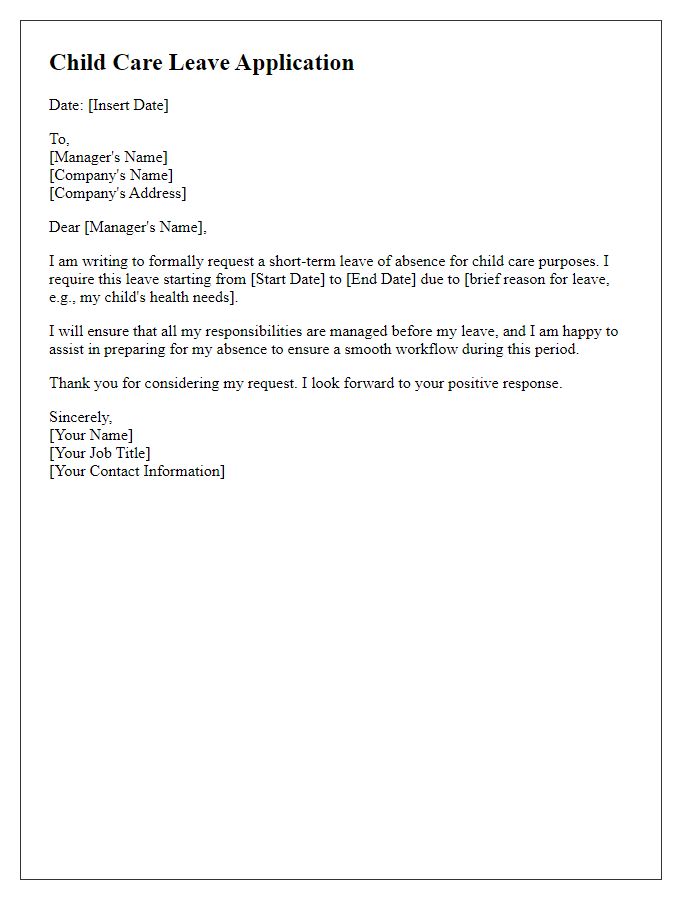 Letter template of short-term child care leave application