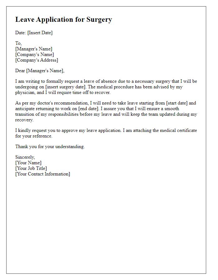 Letter template of surgery leave application for medical necessity.