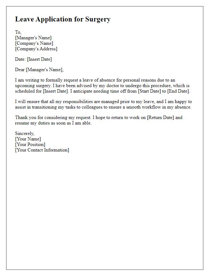 Letter template of surgery leave application for personal reasons.