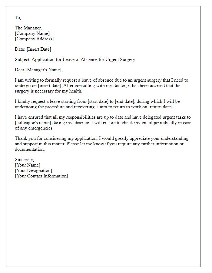 Letter template of surgery leave application for urgent surgery.