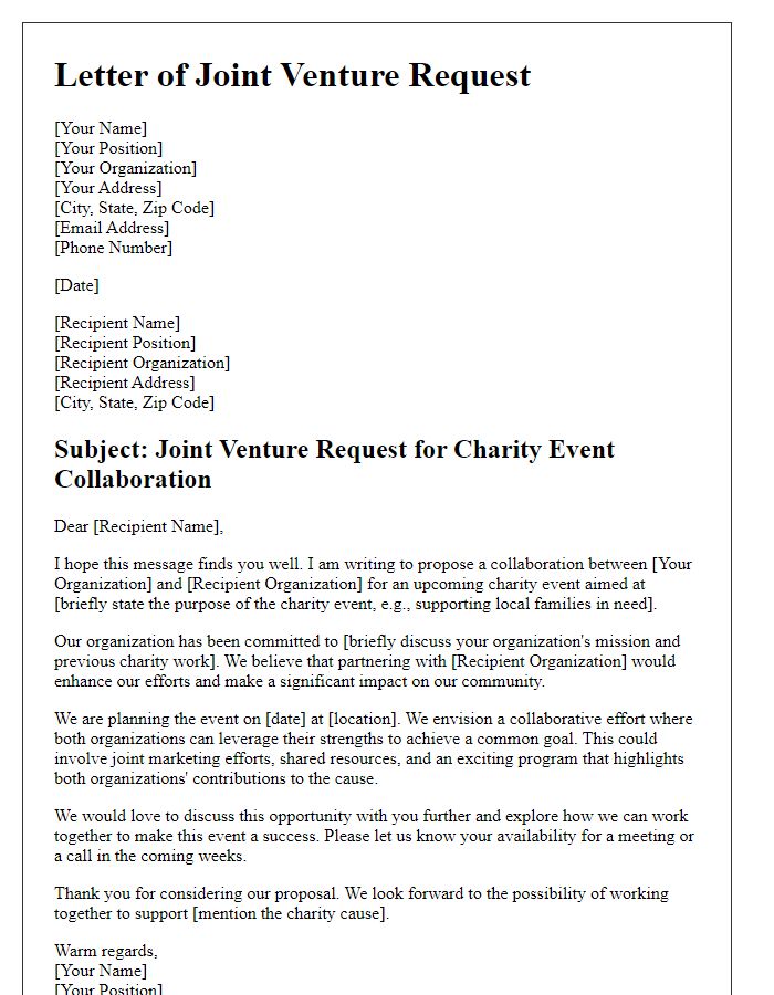 Letter template of joint venture request for charity event collaboration