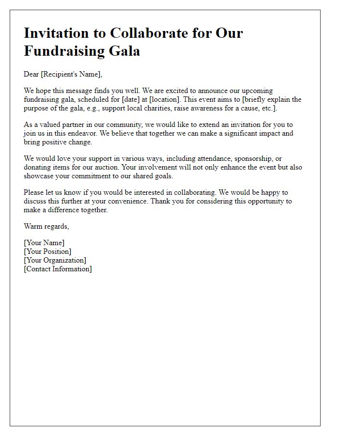 Letter template of mutual support invitation for fundraising gala