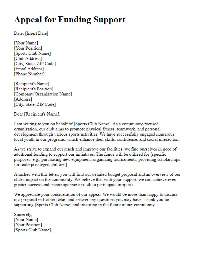 Letter template of appeal for funding to support sports club activities.