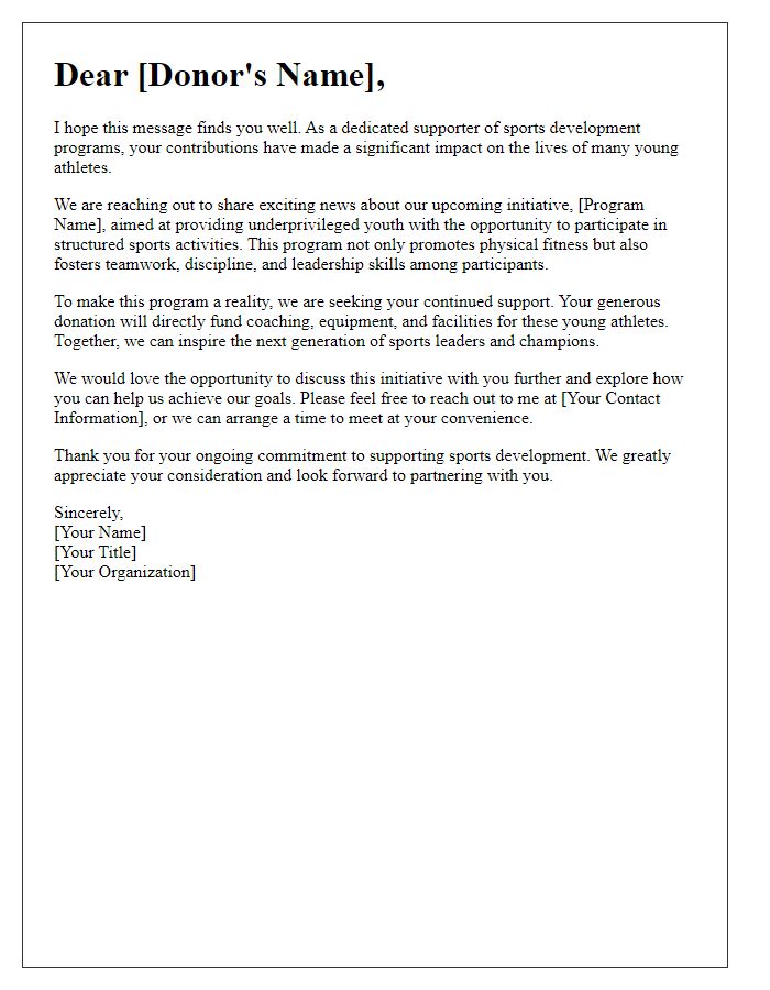 Letter template of donor outreach for sports development programs.