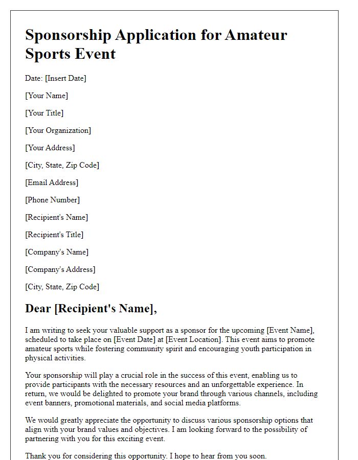 Letter template of sponsorship application for amateur sports events.