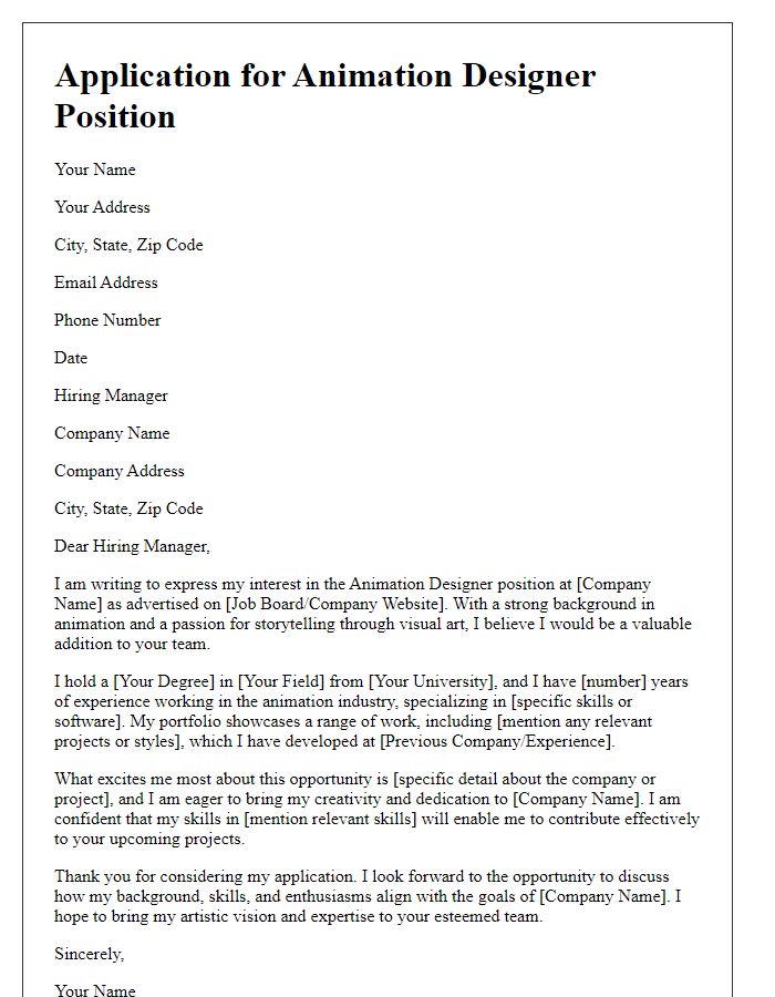 Letter template of Art Job Application for Animation Designer