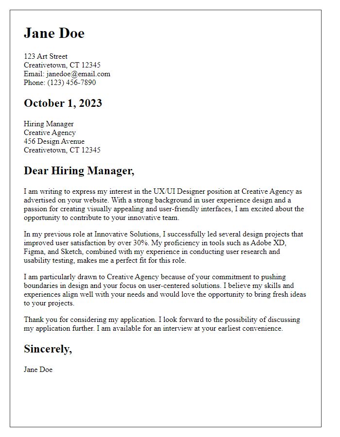 Letter template of Art Job Application for UX/UI Designer