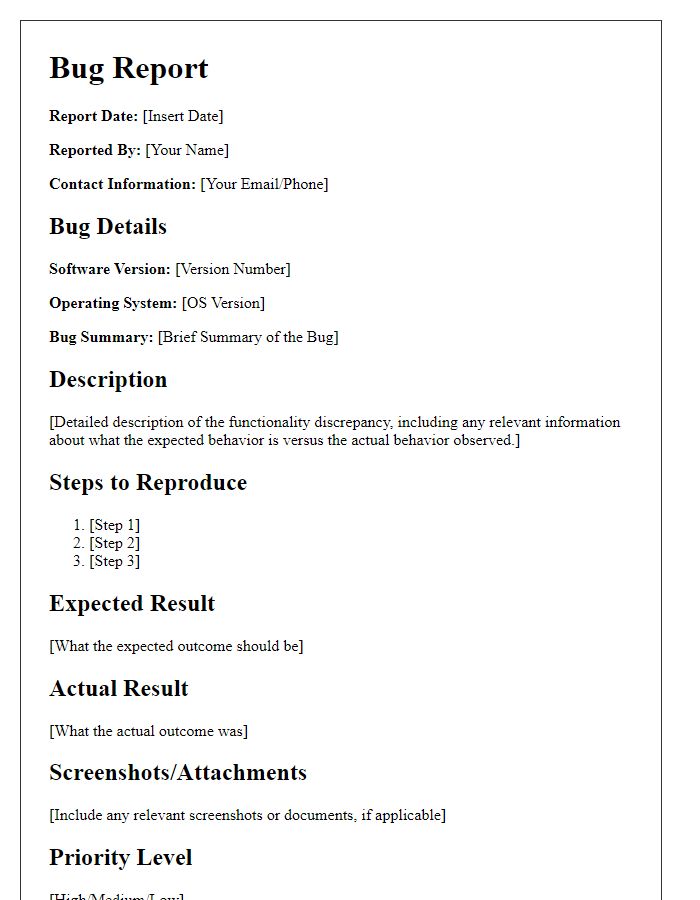 Letter template of software bug report for functionality discrepancies.