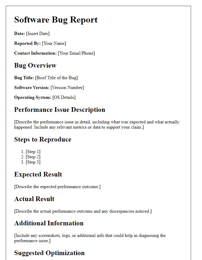 Letter template of software bug report for performance optimization.