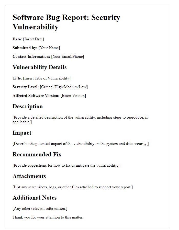 Letter template of software bug report for security vulnerabilities.