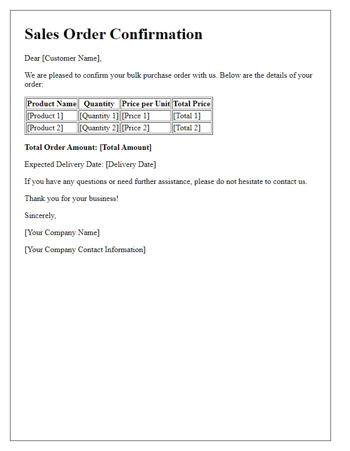 Letter template of sales order confirmation for bulk purchases