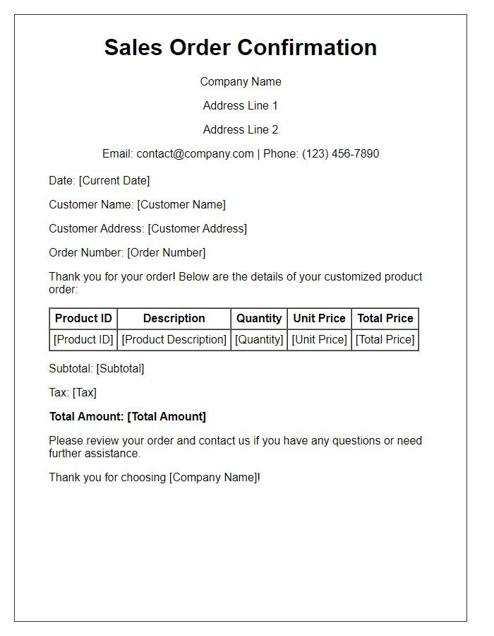 Letter template of sales order confirmation for customized products