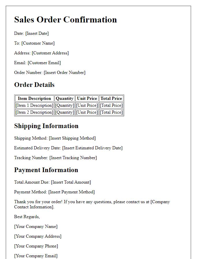 Letter template of sales order confirmation for international shipping