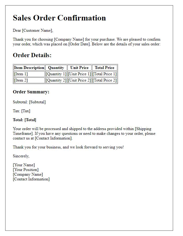 Letter template of sales order confirmation for new customers