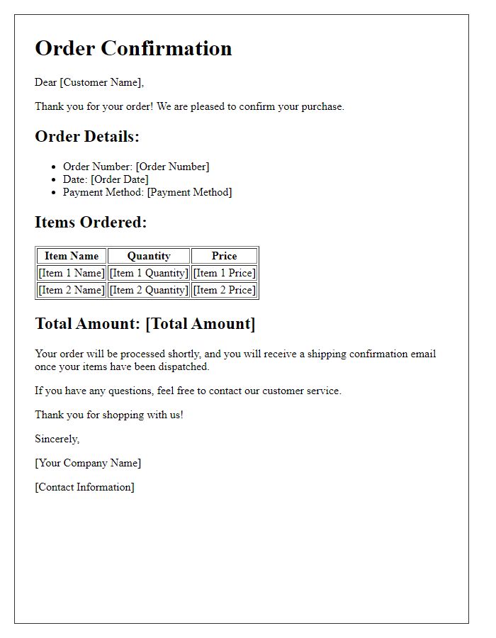 Letter template of sales order confirmation for online orders