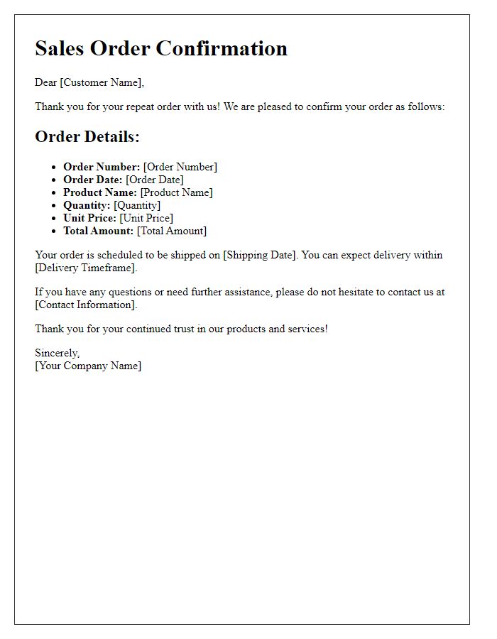 Letter template of sales order confirmation for repeat orders