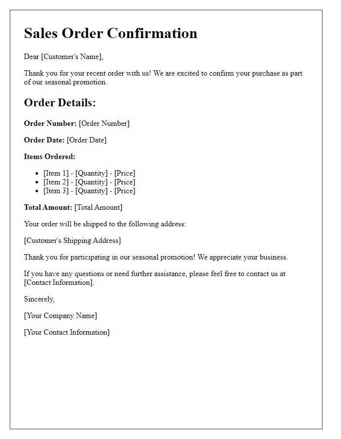 Letter template of sales order confirmation for seasonal promotions