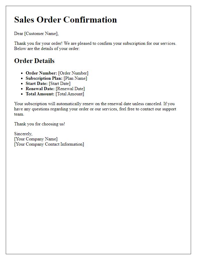 Letter template of sales order confirmation for subscription services