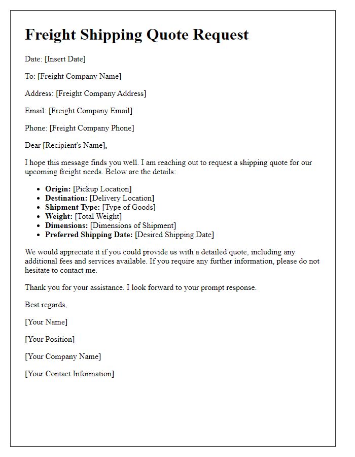 Letter template of freight shipping quote request