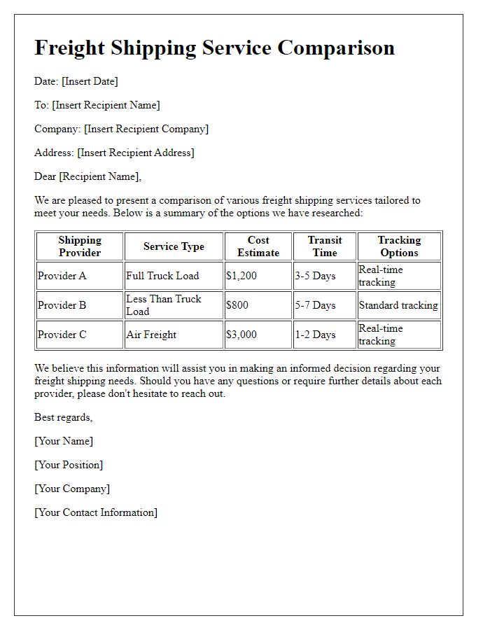 Letter template of freight shipping service comparison