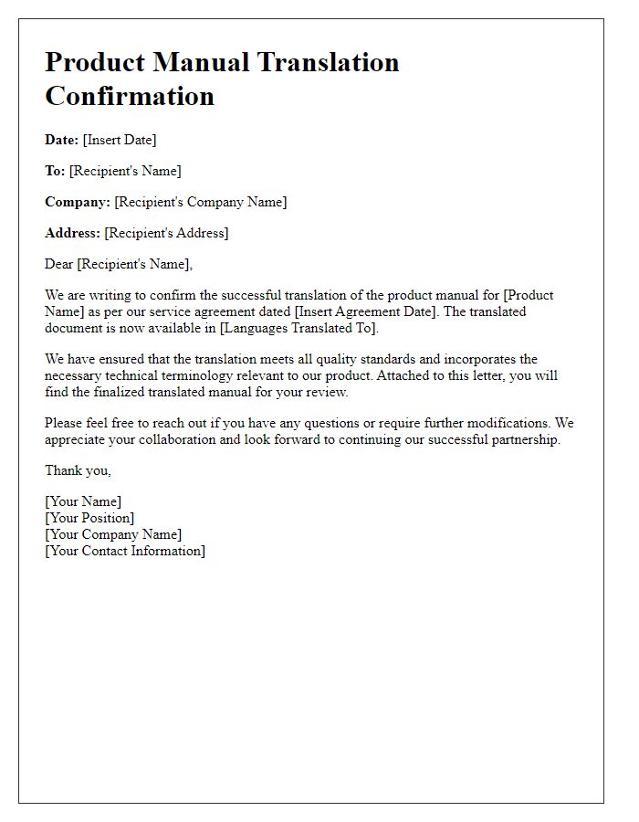 Letter template of product manual translation confirmation for service agreement.