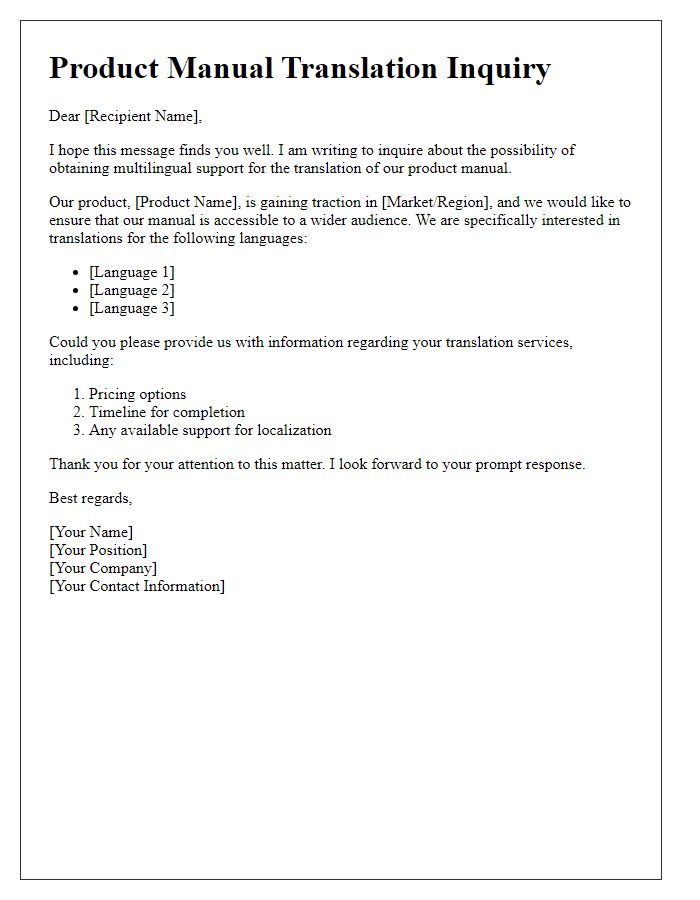 Letter template of product manual translation inquiry for multilingual support.