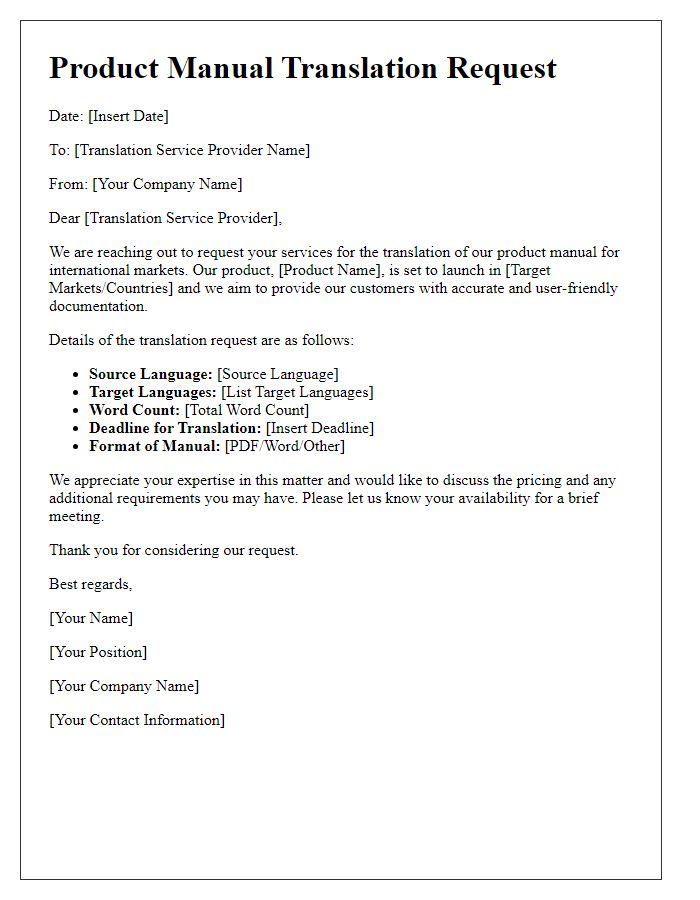 Letter template of product manual translation for international markets.