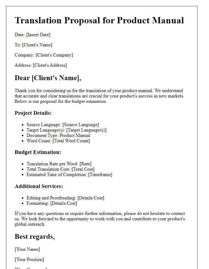 Letter template of product manual translation proposal for budget estimation.