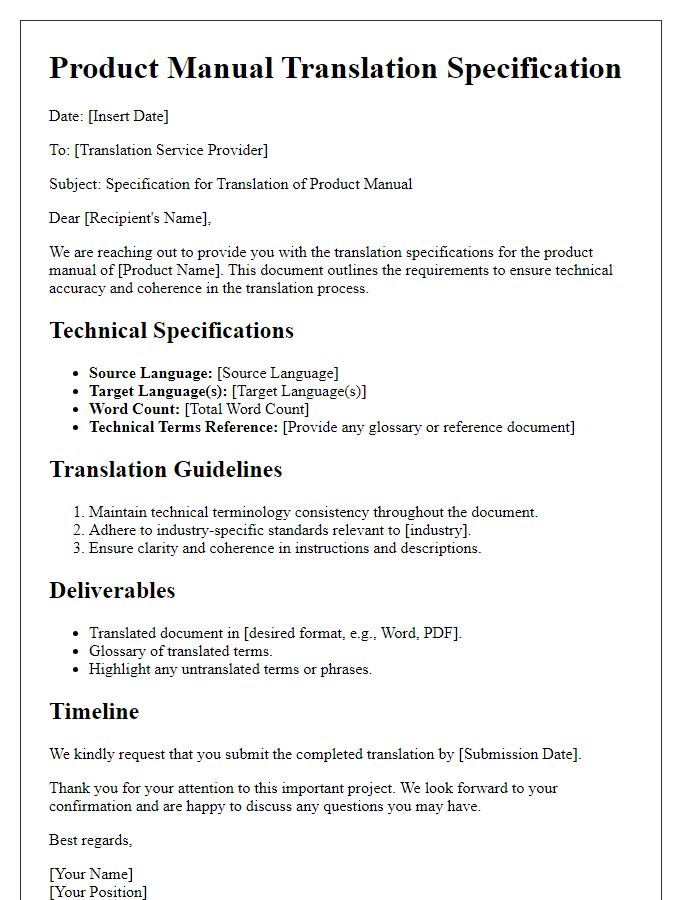 Letter template of product manual translation specification for technical accuracy.